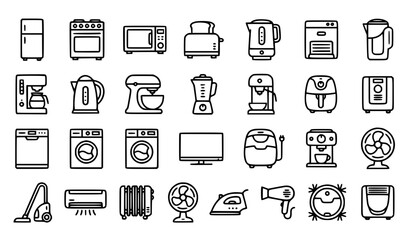 Minimalist black line art vector icon set of home appliances and household electronics, clean modern designs including refrigerator, oven, microwave, toaster, electric kettle, coffee maker, blender, a © MDSUJON
