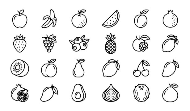 Minimalist black line art vector illustration set of various fresh fruits, elegant clean designs including apple, banana, cherries, orange slice, grapes, strawberry, watermelon slice, pineapple, pear,