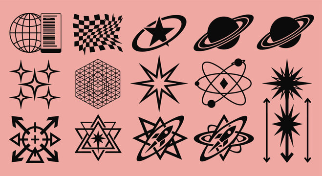 Retro futuristic brutalist icon set featuring y2k cyber metallic stars planets abstract geometric shapes and cosmic elements vector illustration