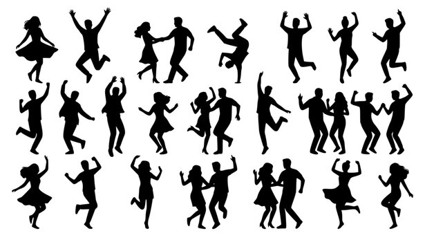 Minimalist black silhouette vector illustration set of joyful people dancing, energetic and dynamic poses including men and women jumping, spinning, dancing together, celebrating, various fun dance mo