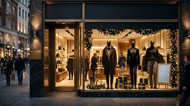 Exterior view of a luxury retail store window display showcasing seasonal fashion items and accessories