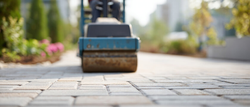 Close-up of paving stone roller machine