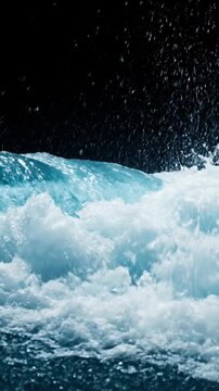 Ocean wave crashing in slow motion with water splashing and dark background, ocean power and natural beauty
