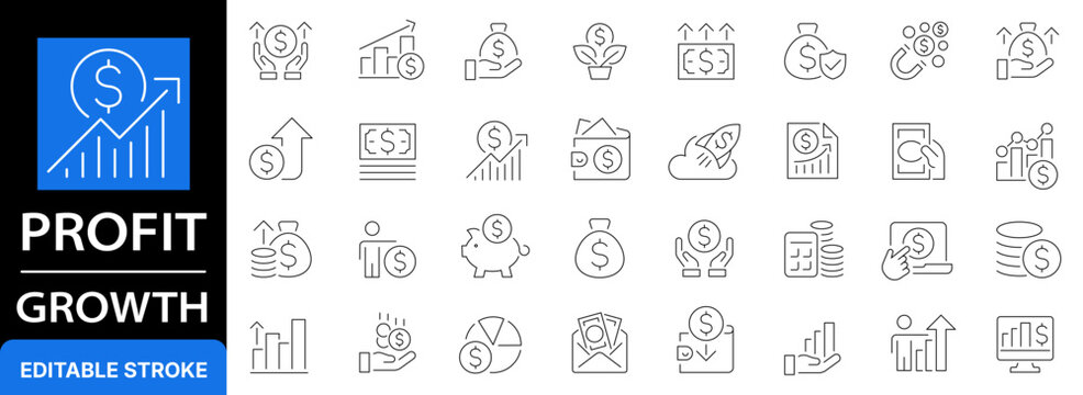 Profit and financial growth line icon set. Editable stroke.