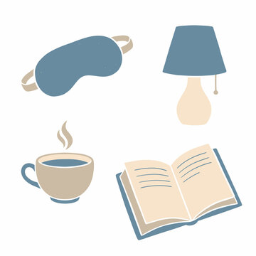 Cozy evening routine book, hot drink, sleep mask, and bedside lamp for relaxation