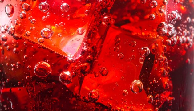 Macro sparkling berry soda&rdquo; &mdash; extreme close-up of glass with bubbles rising through red beverage, crystal clear ice details, glossy reflections
