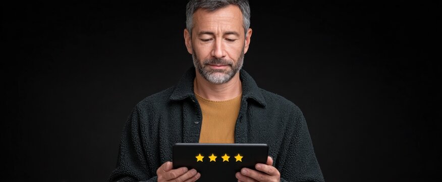 Client evaluates product on tablet showing four star rating for user feedback and quality.