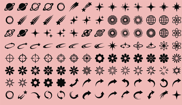Y2K retro futuristic space stars celestial planets crosshair spark shapes and acid graphics design elements set vector illustration