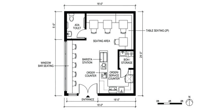 Floor Plan Blueprint of a Small Cafe Seating Area and Service Counter layout