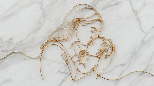 上品な金の針金アートで表現された愛おしそうに抱き合う母子のベクター素材
