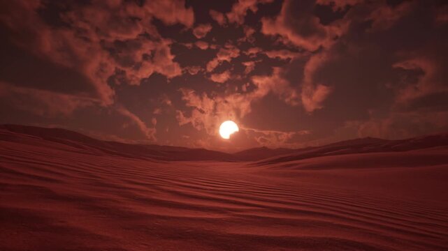 3d render Fiery desert under stormy skies. Harsh landscape illuminated by blazing sun and turbulent clouds. Burning landscape with fierce sun and tumultuous storm clouds emphasizing survival