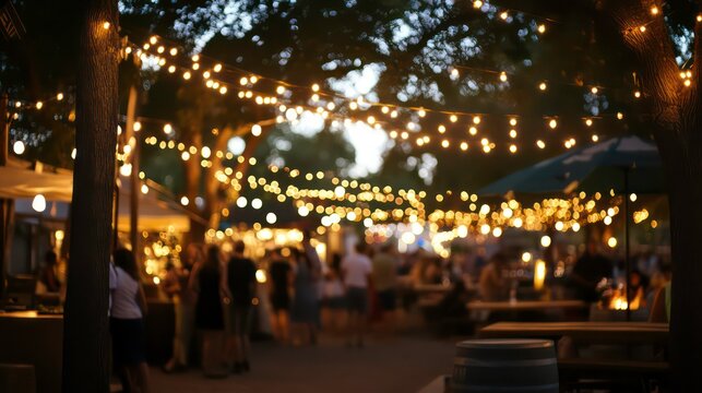 A lively outdoor market scene illuminated by string lights, filled with people and activity.