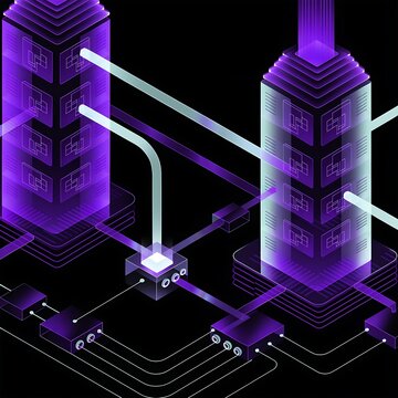 Two massive server towers connected by glowing light beams representing data flow and connectivity server tower light beam big data circuit board cloud computing data center computer