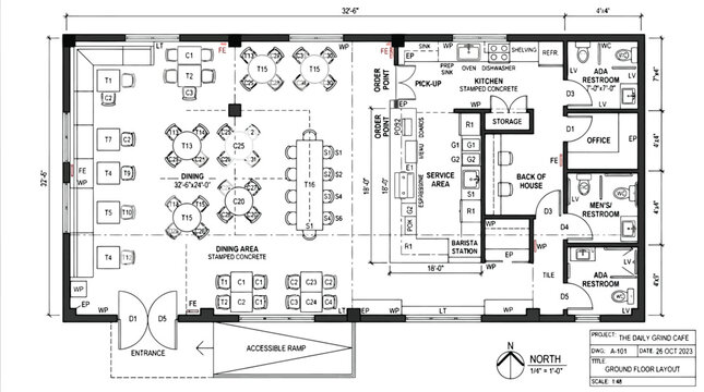 Ground floor plan of a modern cafe with distinct zones for dining, service, and amenities layout dining area