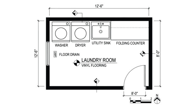 Labeled top view floor plan of a laundry room with dimensions and features laundry room floor plan washer