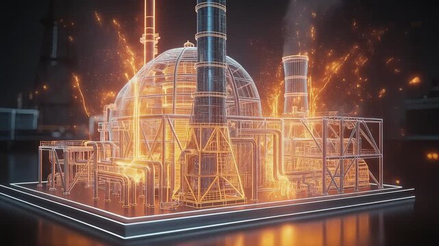 Futuristic glowing industrial plant with complex pipes and chimneys under a dark sky