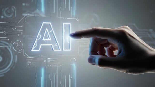 Futuristic human hand interacting with glowing AI technology interface digital innovation concept