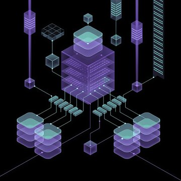 Isometric illustration of interconnected servers and data processing units with data center cloud computing big data server farm technology information processing architecture