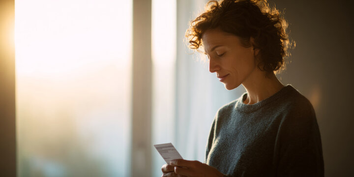 Woman reading document near window light