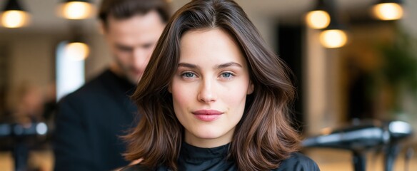 Fototapeta premium Hairstylist styling young woman's hair in modern salon with vibrant atmosphere and trendy haircare services.
