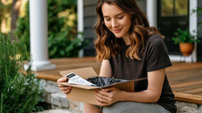Meal kit delivery box opened on front porch step by crouching homeowner reviewing ingredient cards, insulated liner visible, grocery subscription unboxing routine captured in late afternoon summer h