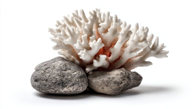 Fresh sea coral and a small stone isolated on a white background, representing ocean life and the connection between biotic and abiotic elements.