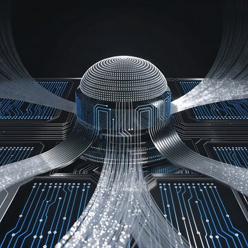 Abstract digital brain with fiber optic data streams flowing into a circuit board network artificial intelligence technology background digital transformation big data cloud computing