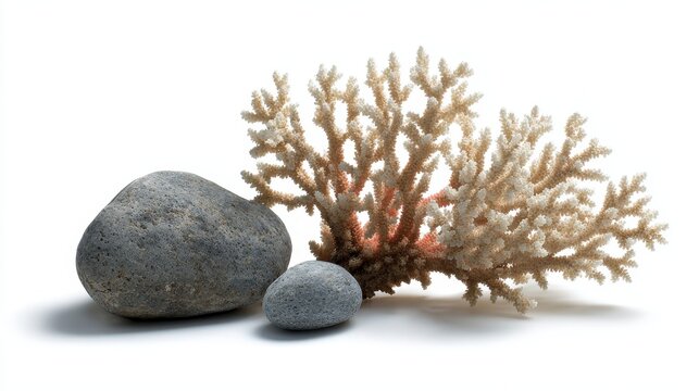 Fresh sea coral and a small stone isolated on a white background, representing ocean life and the connection between biotic and abiotic elements.