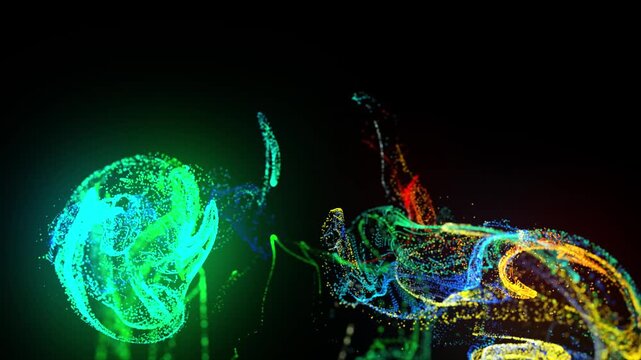 3d render glowing ink Glowing rainbow ink particles sweeping across black, D render glowing ink forms prismatic wave and color tides, neon diver orchestrates vivid spectrum motion for dynamic visual