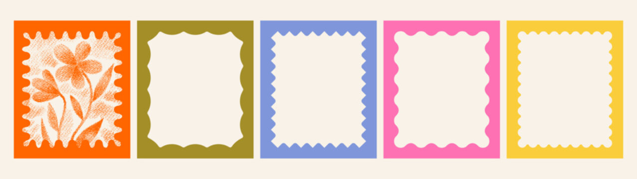 Frame border. Wavy scallop edge shape. Fun bold frames. Grainy blur halftone flower photo art. Cute square rectangle vector border. Boarder pattern, fun bold retro frame sticker, wavy wiggle design bg
