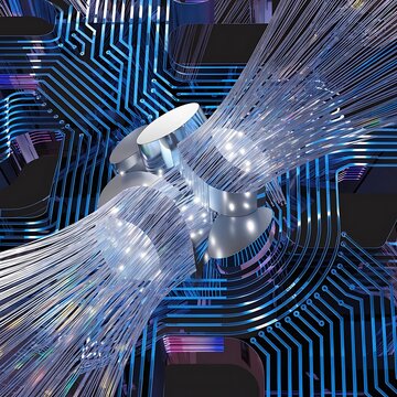 Futuristic digital core with glowing data streams on a complex circuit board background artificial intelligence digital art abstract background abstract technology digital network
