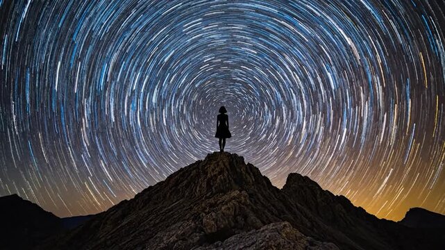 Silhouette of a woman standing on mountain peak under circular star trails at night