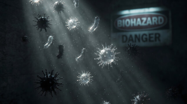 Biohazard danger warning sign with airborne viruses and bacteria illuminated
