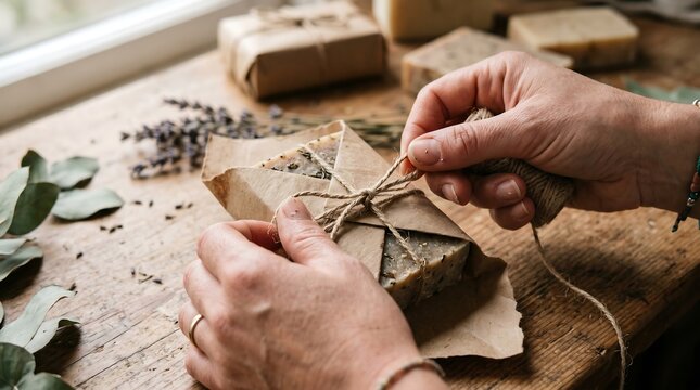 Hand tying a rustic package with natural ingredients and dried herbs for artisanal soap making