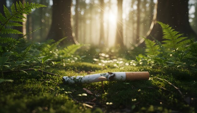 Say No to Tobacco Day Forest Floor with Discarded Cigarette and Lush Greenery