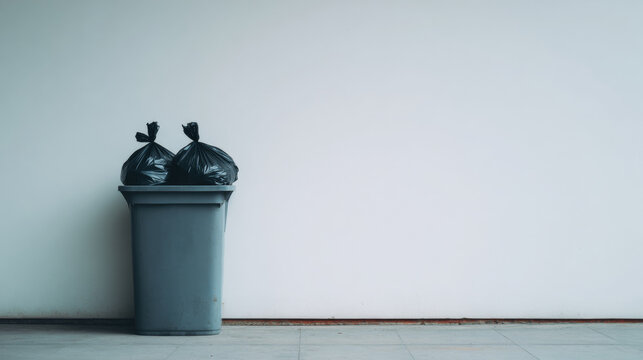 Trash bin with black garbage bags indoors