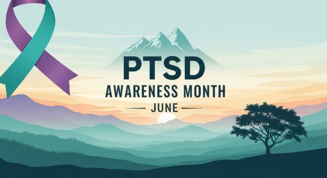 Ptsd awareness month ribbon and landscape in june