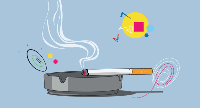 Lit cigarette resting on the edge of a grey ashtray with a trail of white smoke rising against a blue background with abstract shapes.