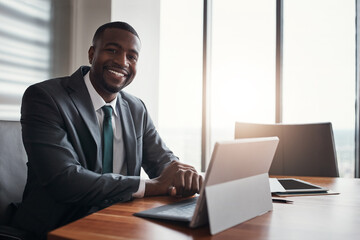 Laptop, portrait and business black man in office for research, stock trading and finance report....