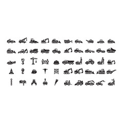 Fototapeta premium Construction Machinery Icons CollectionProfessional construction machinery glyph icons collection for industrial engineering and heavy equipment projects.