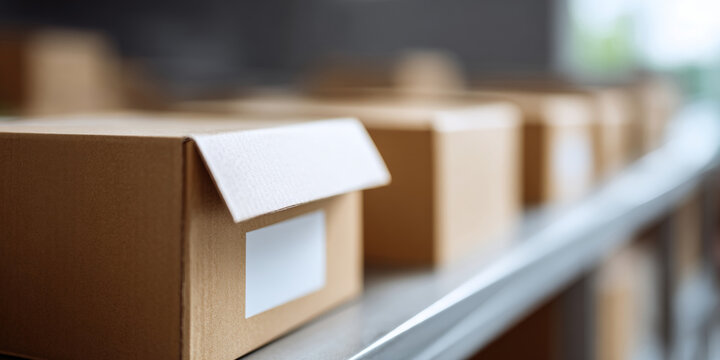 Row of cardboard boxes on shelf