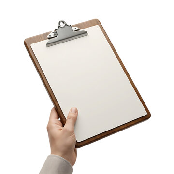 A hand holding a wooden clipboard with a blank paper sheet