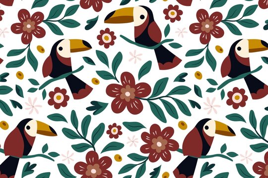 Colorful Toucan Bird Pattern with Flowers and Leaves