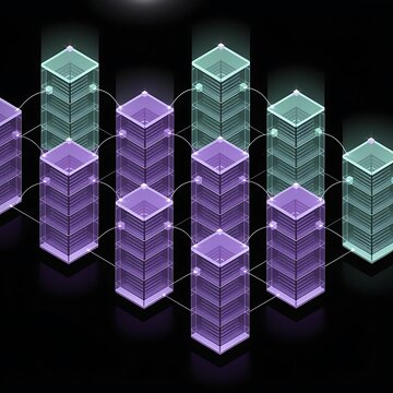 Data center towers arranged in rows connected by a digital network grid artificial intelligence big data cloud computing data analytics data flow data visualization digital transform