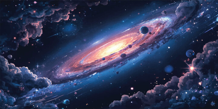 A vibrant blue nebula glows within a dark cosmic sky where a lone planet drifts past a bright supernova and a swirling fantasy galaxy deep in the star-filled universe