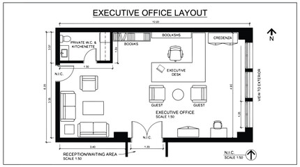 Architectural floor plan of an executive office with reception waiting area and private office architectural drawing © Kosain