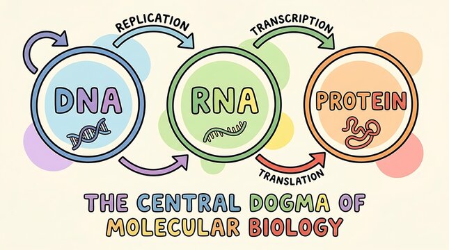 Colorful Simplified Central Dogma of Molecular Biology Diagram Illustration
