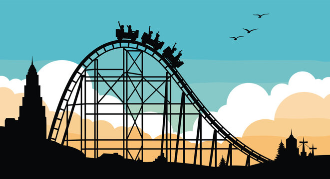 Silhouette of an amusement park roller coaster with riders and a cityscape backdrop under a clear blue sky.