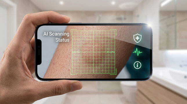 Digital healthcare innovation depicted by a smartphone-based AI interface scanning dermal layers with a luminescent green grid for skin health analysis.