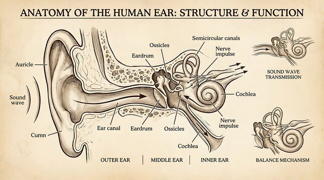 Detailed Anatomical Illustration of the Human Ear Structure and Functionality
